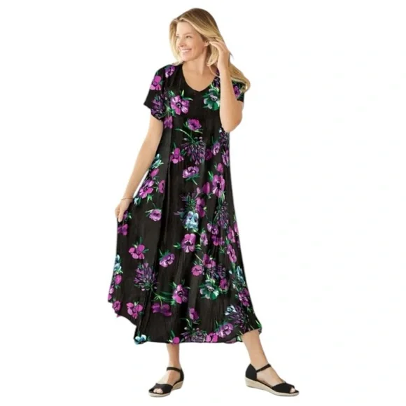 Woman Within-NWT 3X black/pink floral rayon V-neck crinkle dress. New with tags! - Picture 13 of 13